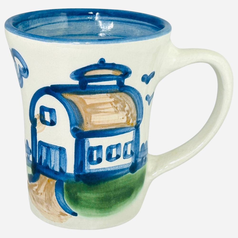 M.A. Hadley Pottery BARN Flare Mug 12oz Blue White Hand Painted